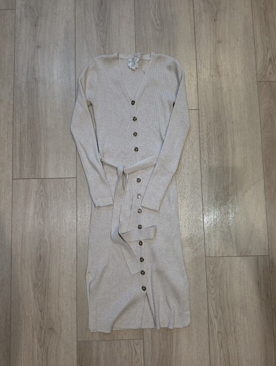 Hippie Rose Dresses & Skirts - Hippie Rose Ribbed Sweater Dress Beige Button Front Tie Waist Midi Small